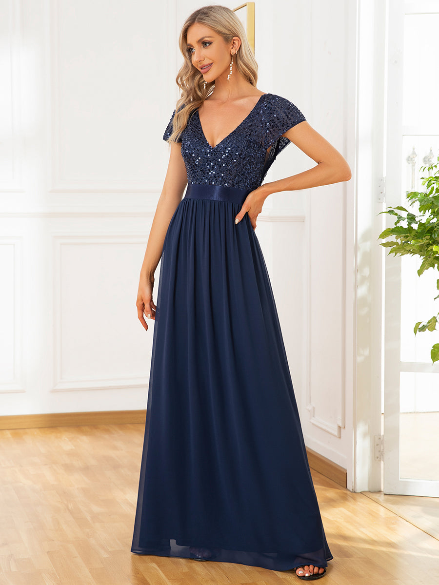 Color=Navy Blue | Deep V Neck Pencil Wholesale Evening Dresses with Short Sleeves-Navy Blue 4