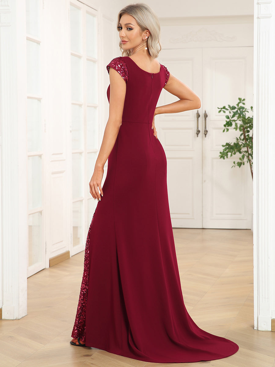 Color=Burgundy | Sleeveless Deep V Neck Fishtail Floor Length Wholesale Evening Dresses-Burgundy 2