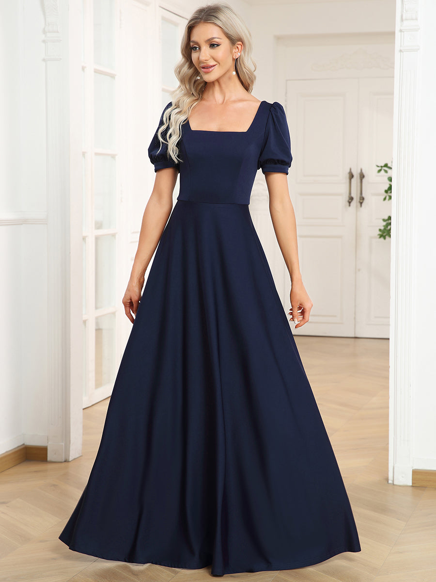 Color=Navy Blue | Square Neckline Puff Sleeves A Line Backless Wholesale Evening Dresses-Navy Blue 1