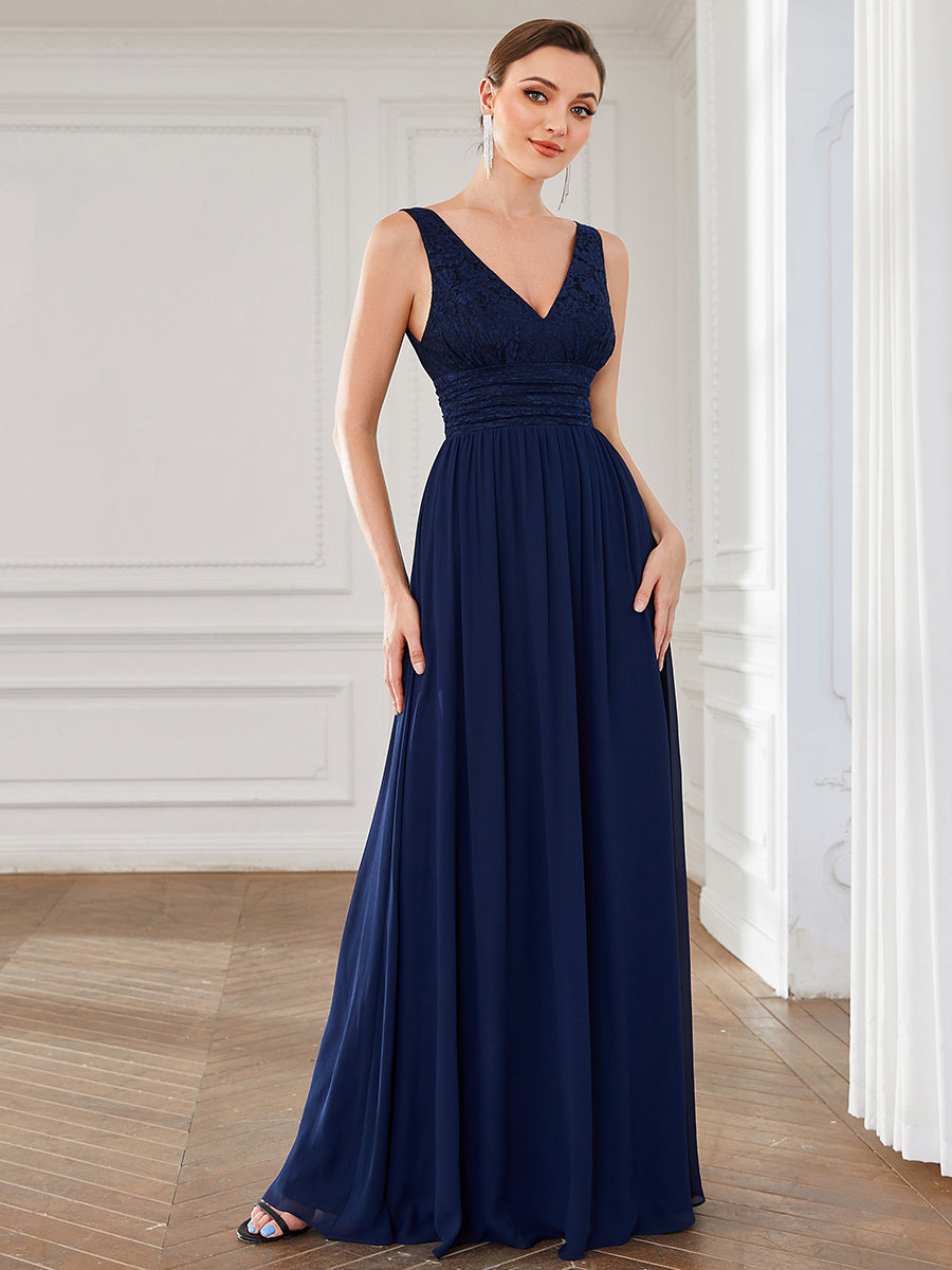 Color=Navy Blue | Deep V Neck A Line Sleeveless Wholesale Bridesmaid Dresses-Navy Blue 4