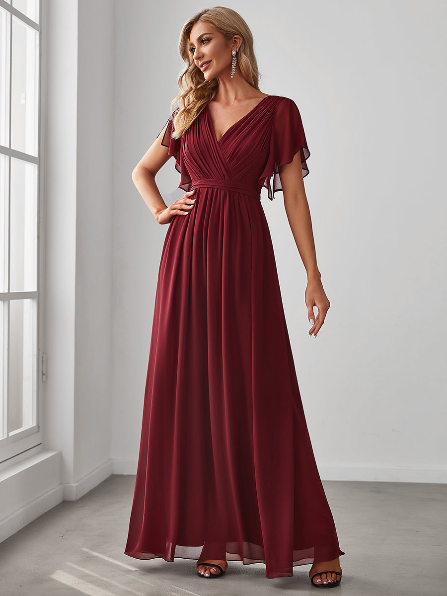 Color=Burgundy | A Line Wholesale Bridesmaid Dresses with Deep V Neck Ruffles Sleeves-Burgundy 3