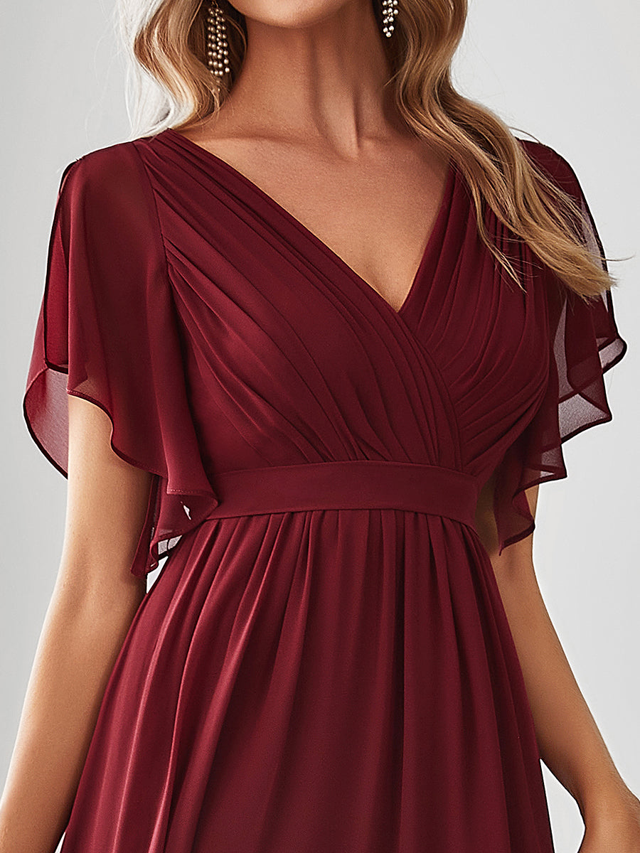 Color=Burgundy | A Line Wholesale Bridesmaid Dresses with Deep V Neck Ruffles Sleeves-Burgundy 5