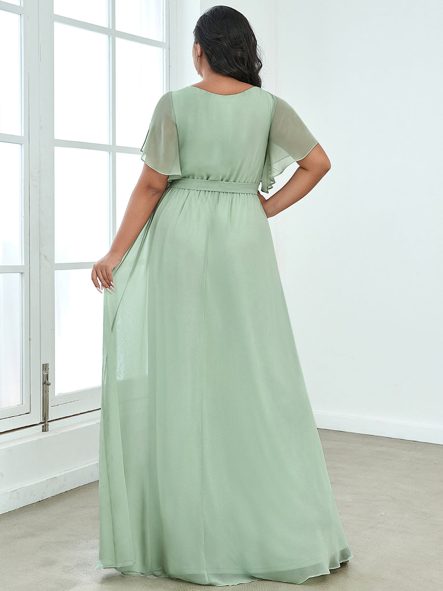 Color=Mint Green | A Line Plus Size Wholesale Bridesmaid Dresses with Deep V Neck Ruffles Sleeves-Mint Green 2