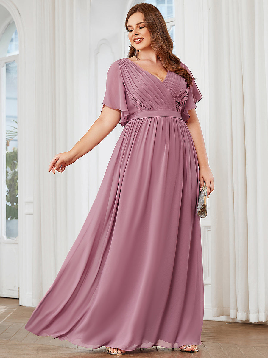 Color=Orchid | A Line Plus Size Wholesale Bridesmaid Dresses with Deep V Neck Ruffles Sleeves-Orchid 3