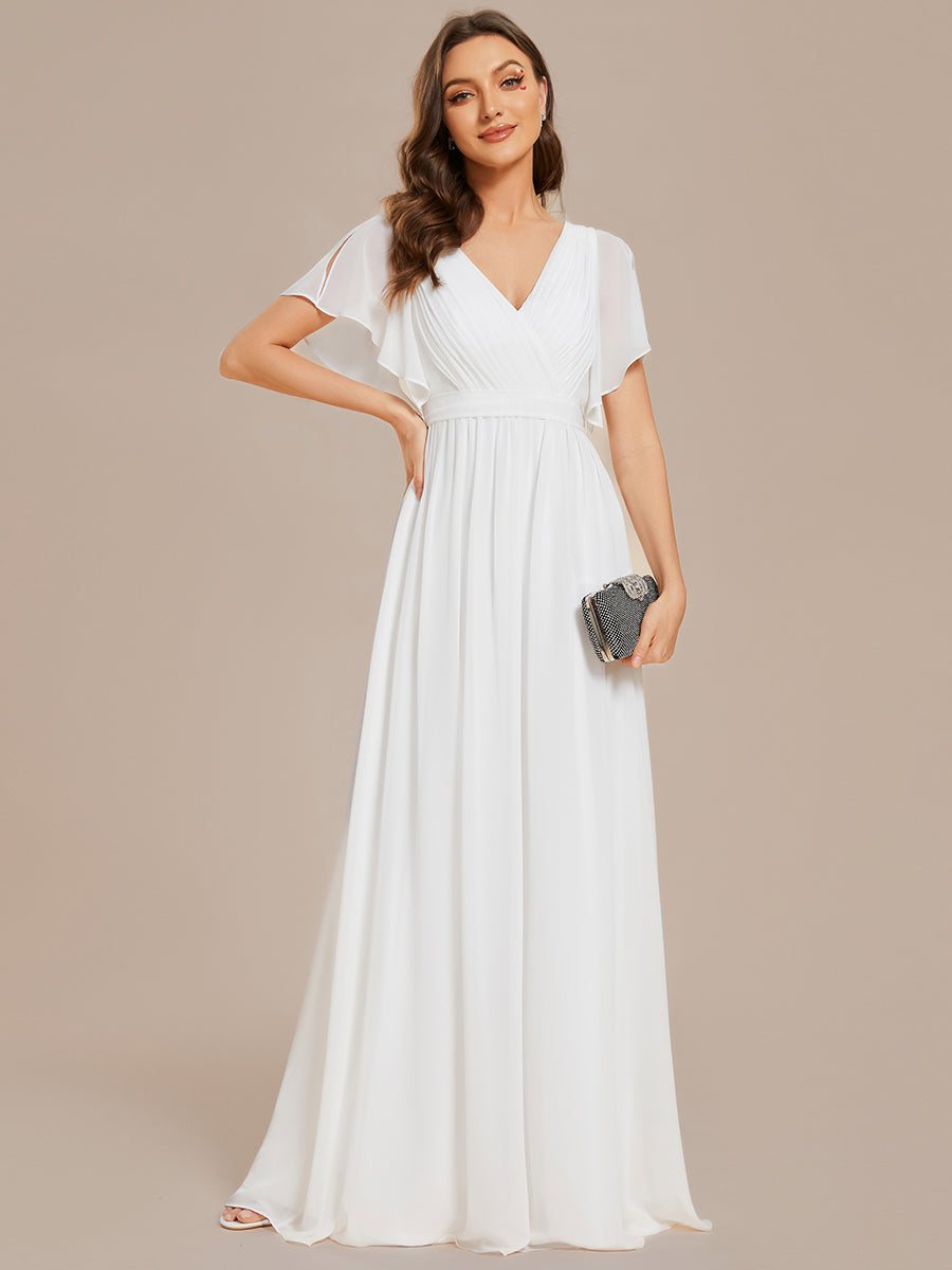 Color=White | Deep V Neck Wholesale Chiffon Evening Gown With Short Sleeves-White 1