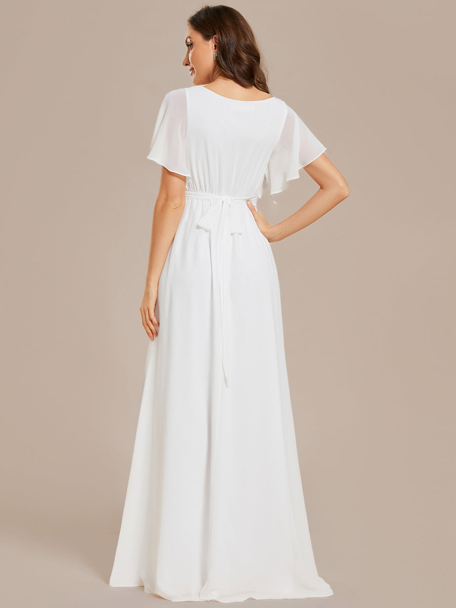 Color=White | Deep V Neck Wholesale Chiffon Evening Gown With Short Sleeves-White 2