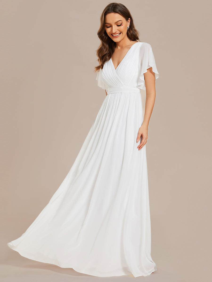 Color=White | Deep V Neck Wholesale Chiffon Evening Gown With Short Sleeves-White 3