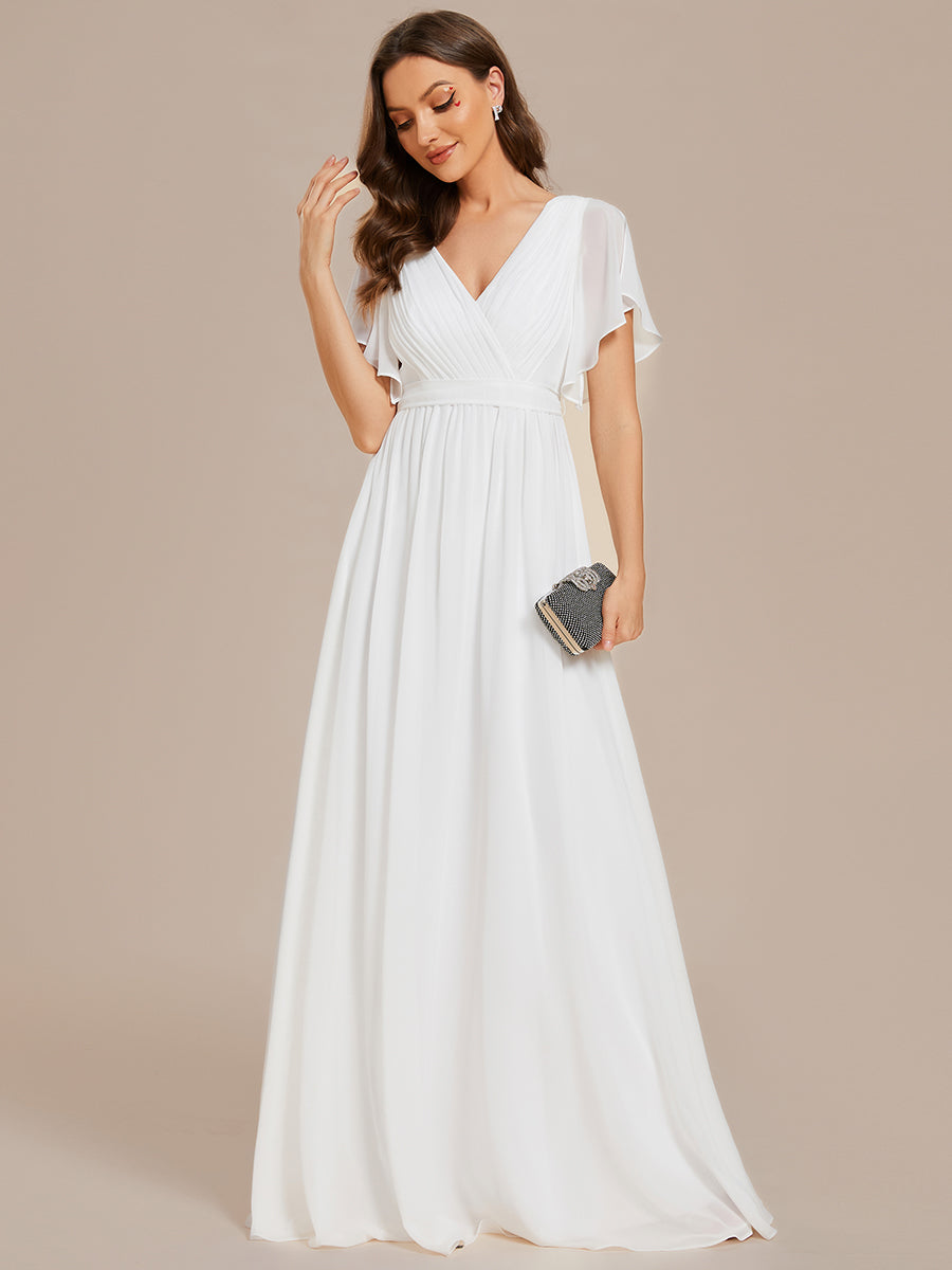 Color=White | Deep V Neck Wholesale Chiffon Evening Gown With Short Sleeves-White 4