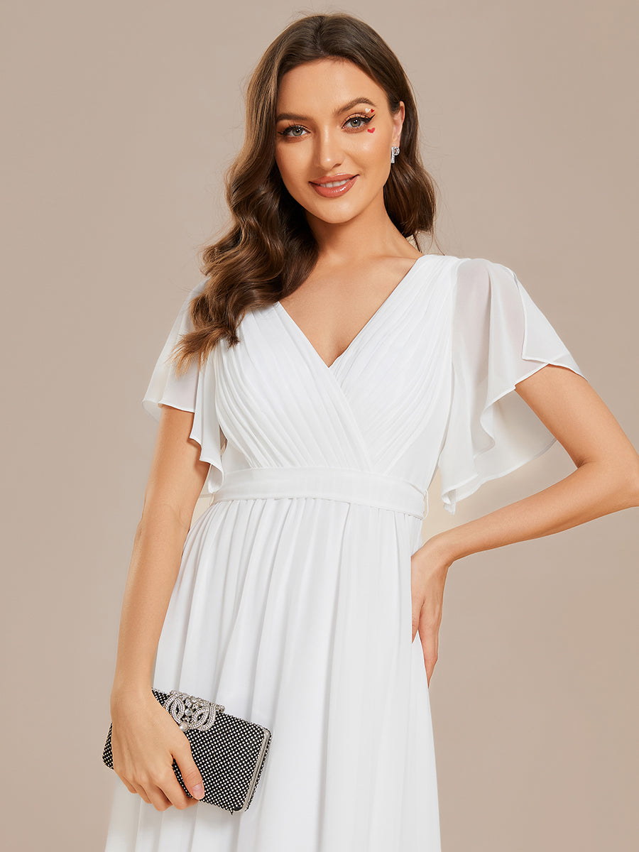 Color=White | Deep V Neck Wholesale Chiffon Evening Gown With Short Sleeves-White 5