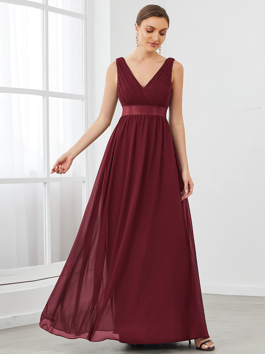 Color=Burgundy | V Neck A Line Wholesale Bridesmaid Dresses with Pleated Decoration-Burgundy 1