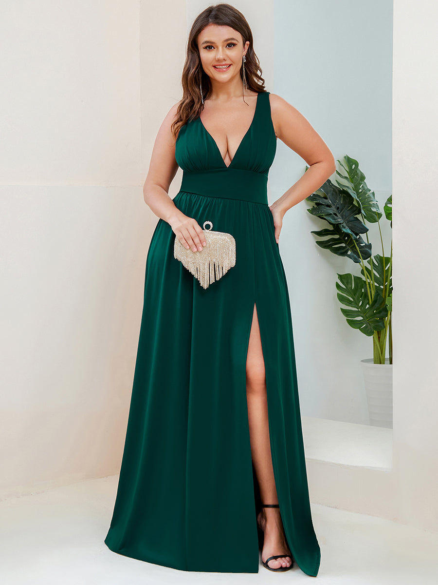 Color=Dark Green | Sleeveless Wholesale Bridesmaid Dresses with Deep V Neck and A Line-Dark Green 3