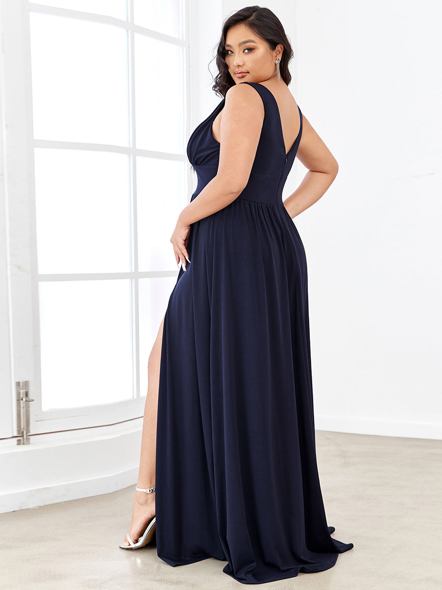 Color=Navy Blue | Sleeveless Wholesale Bridesmaid Dresses with Deep V Neck and A Line-Navy Blue 2