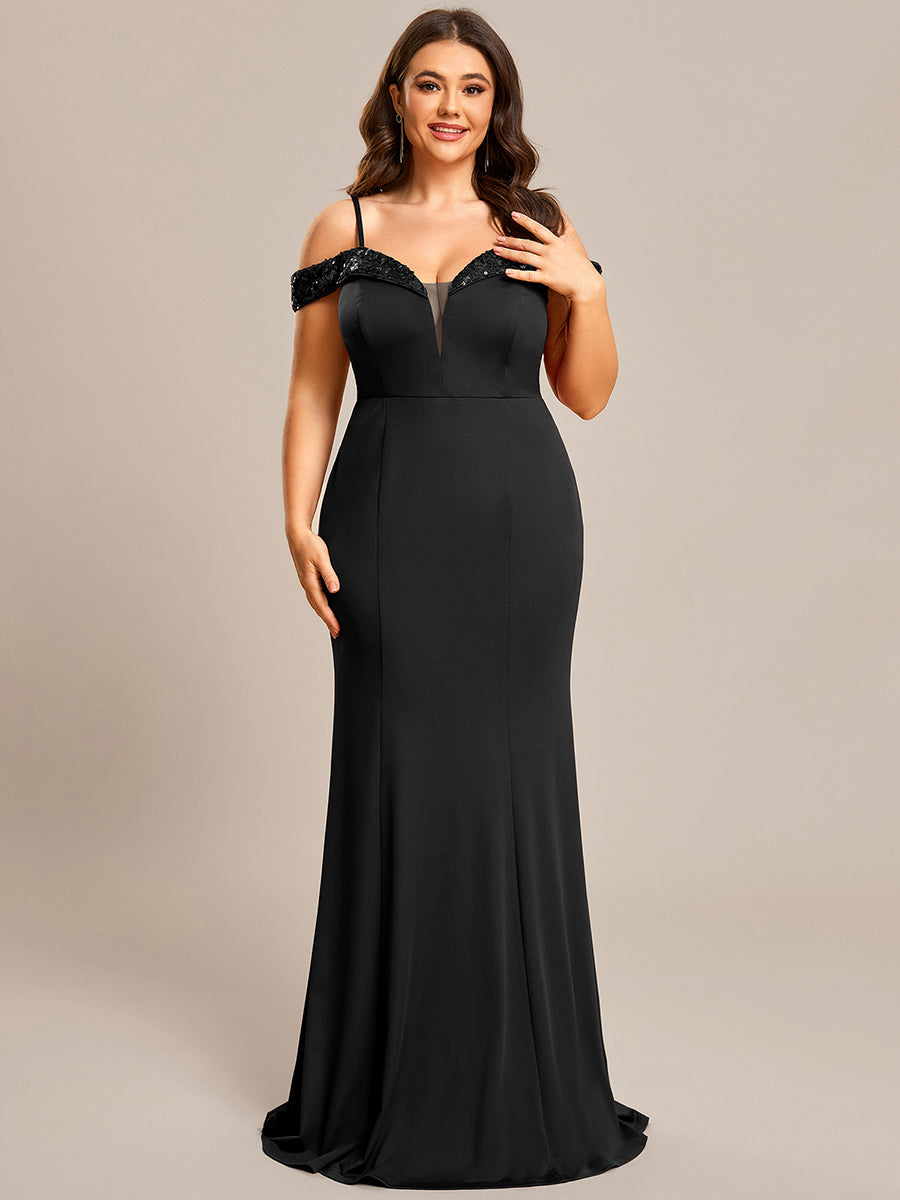 Color=Black | Off Shoulder Mermaid Sequin Detail Wholesale Evening Dresses-Black 1