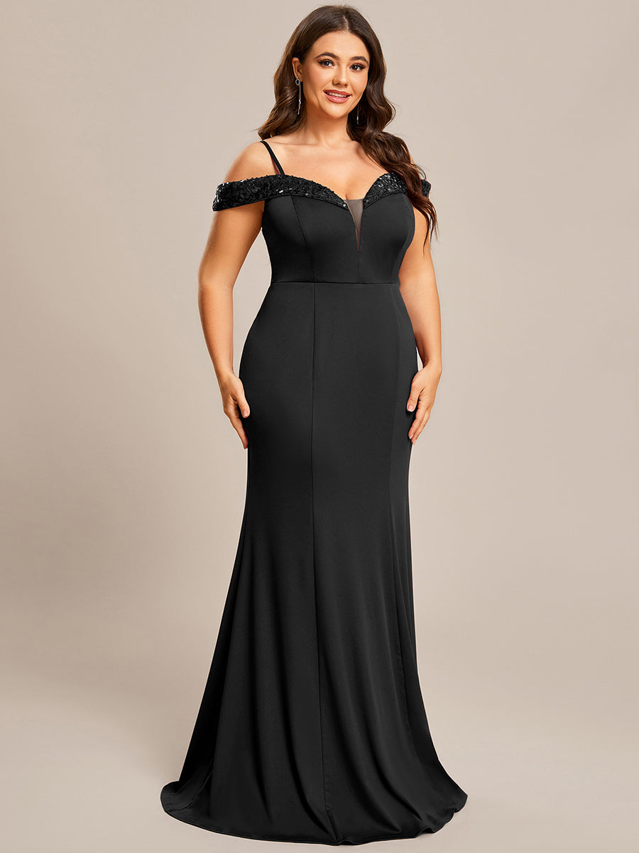 Color=Black | Off Shoulder Mermaid Sequin Detail Wholesale Evening Dresses-Black 3