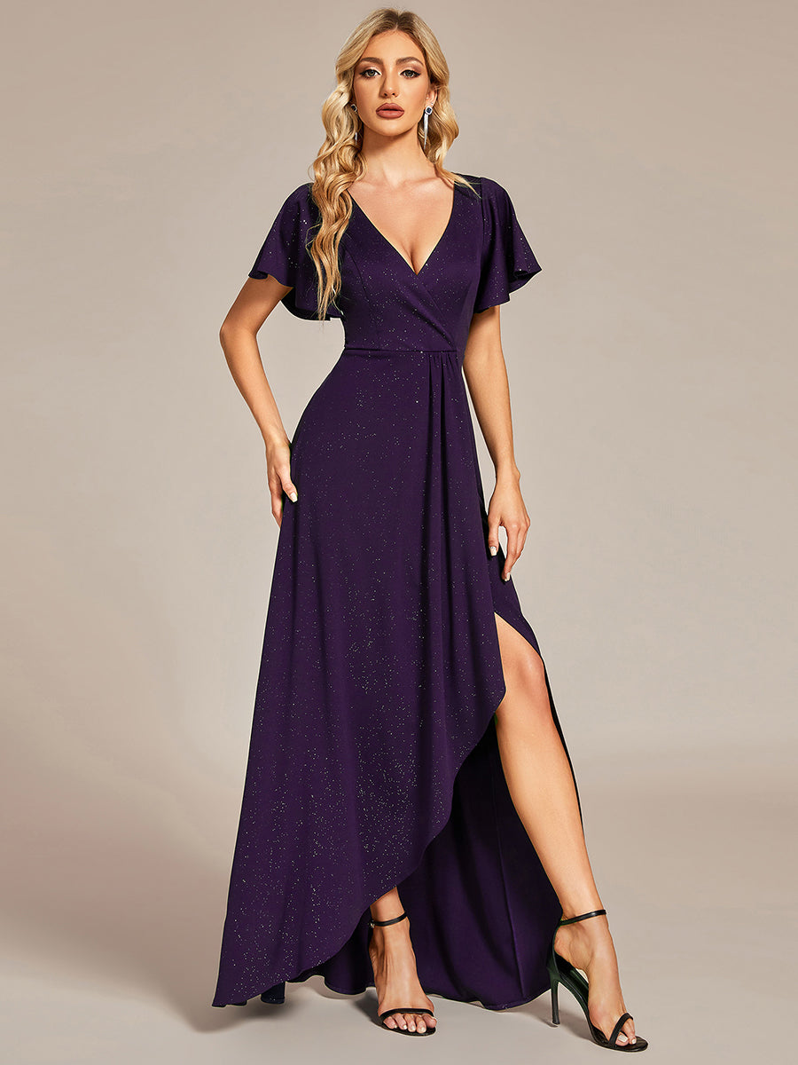 Color=Dark Purple | Tea Length Split Shiny Wholesale Evening Dresses With Ruffle Sleeves-Dark Purple 2