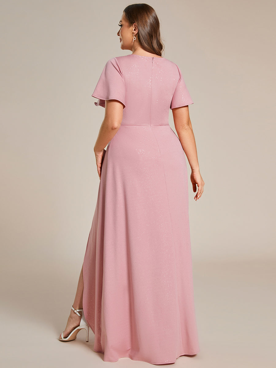Color=Dusty Rose |Plus Tea Length Split Shiny Wholesale Evening Dresses With Ruffle Sleeves-Dusty Rose 2