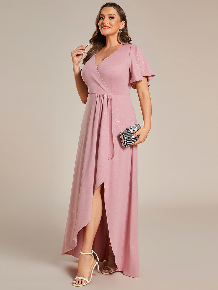 Color=Dusty Rose |Plus Tea Length Split Shiny Wholesale Evening Dresses With Ruffle Sleeves-Dusty Rose 5