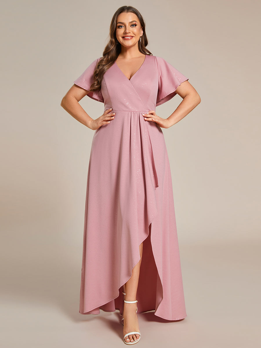 Color=Dusty Rose |Plus Tea Length Split Shiny Wholesale Evening Dresses With Ruffle Sleeves-Dusty Rose 3