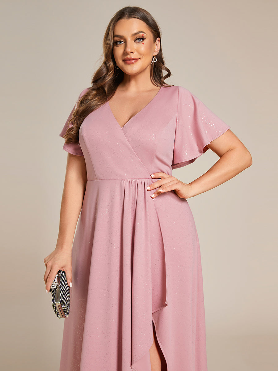 Color=Dusty Rose |Plus Tea Length Split Shiny Wholesale Evening Dresses With Ruffle Sleeves-Dusty Rose 4