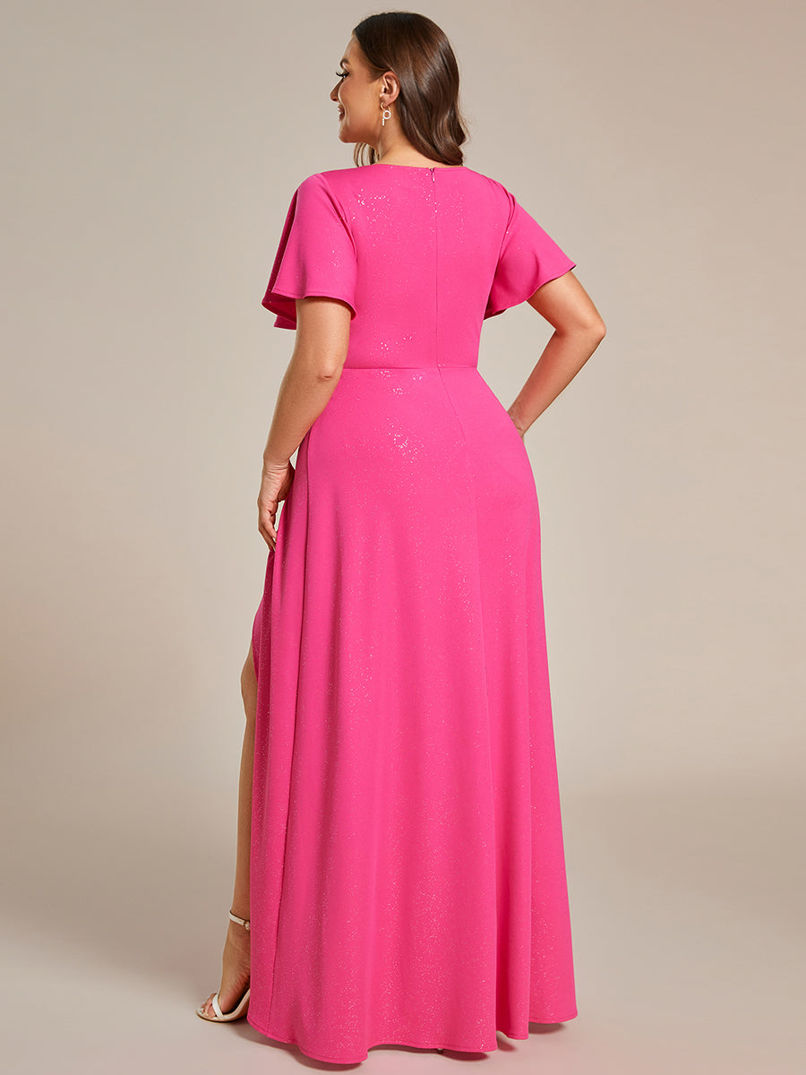 Color=Hot Pink |Plus Tea Length Split Shiny Wholesale Evening Dresses With Ruffle Sleeves-Hot Pink 2