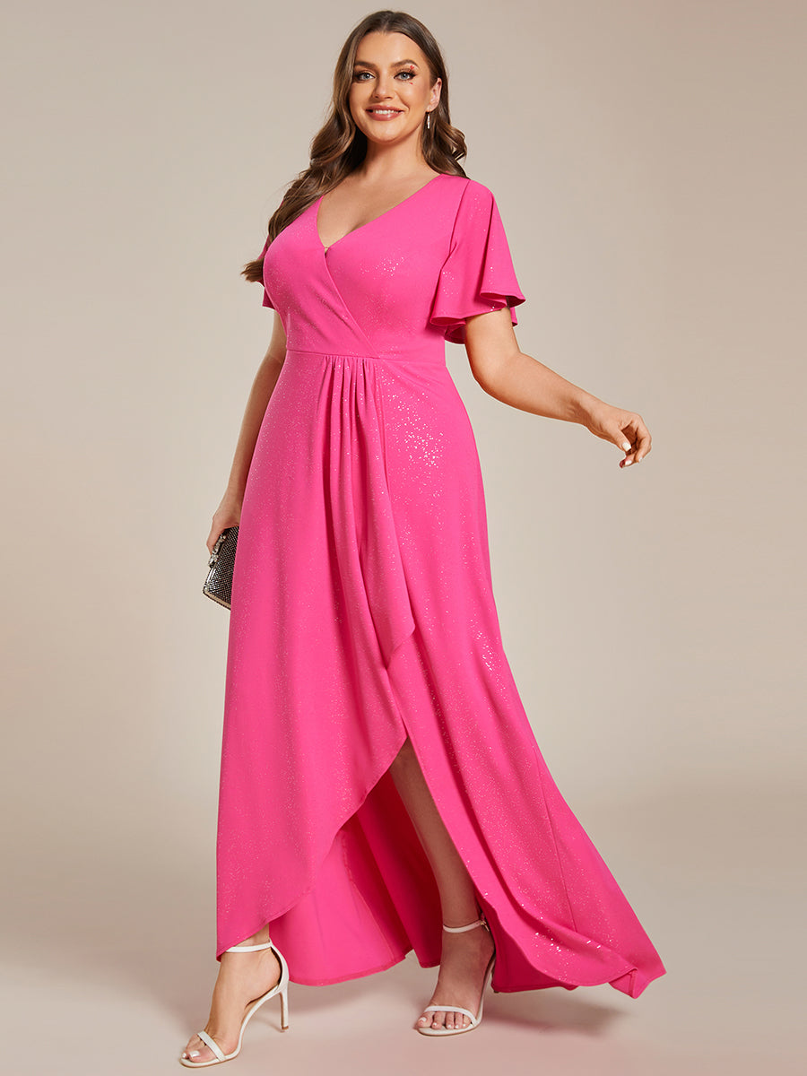 Color=Hot Pink |Plus Tea Length Split Shiny Wholesale Evening Dresses With Ruffle Sleeves-Hot Pink 4