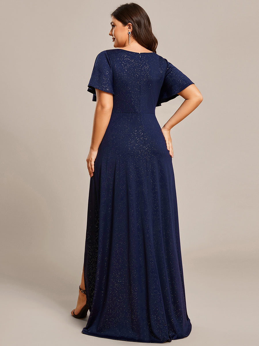 Color=Navy Blue | Plus Tea Length Split Shiny Wholesale Evening Dresses With Ruffle Sleeves-Navy Blue 2