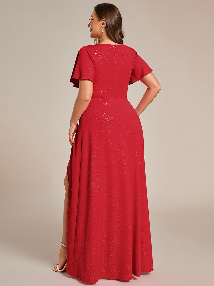 Color=Red |Plus Tea Length Split Shiny Wholesale Evening Dresses With Ruffle Sleeves-Red 2