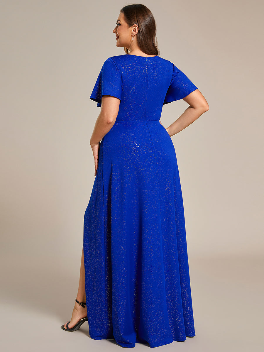Color=Sapphire Blue |Plus Tea Length Split Shiny Wholesale Evening Dresses With Ruffle Sleeves-Sapphire Blue 2