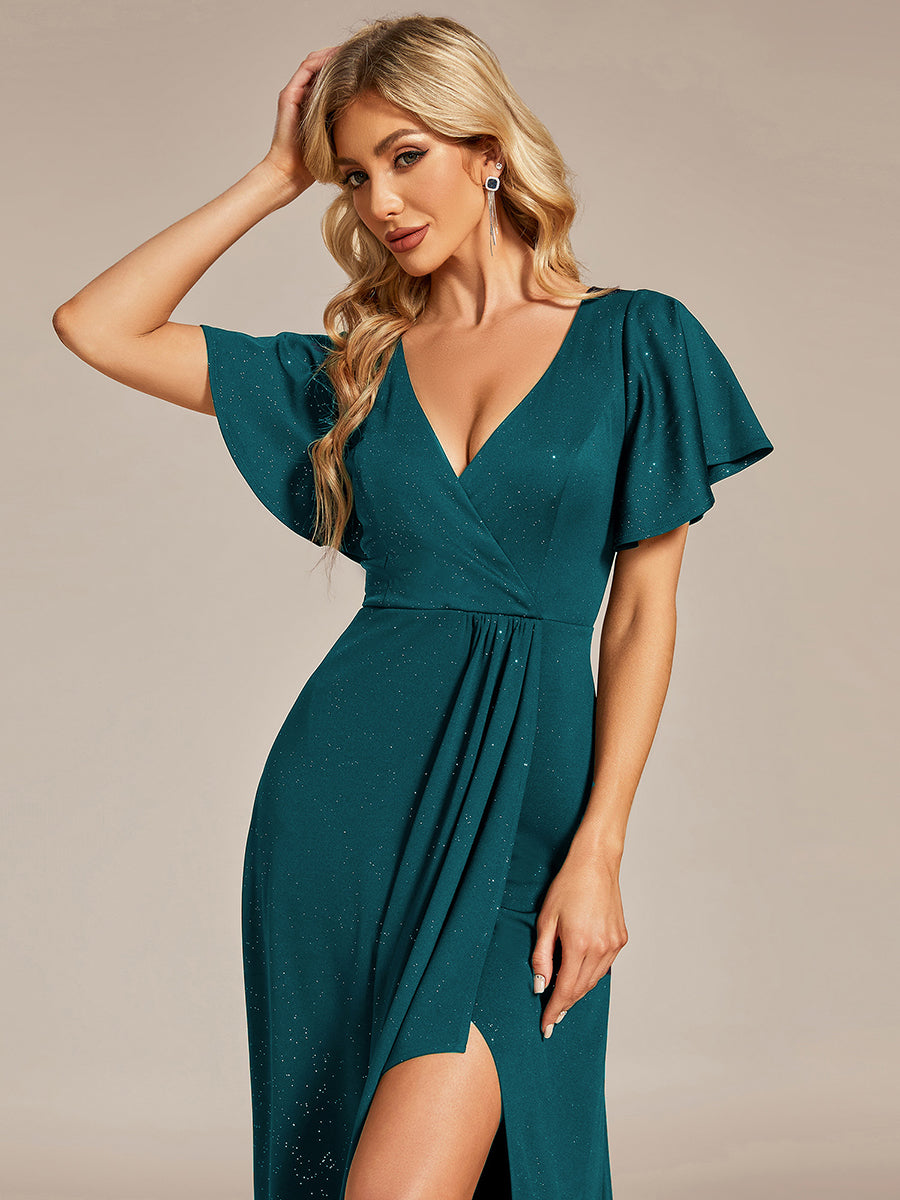 Color=Teal | Tea Length Split Shiny Wholesale Evening Dresses With Ruffle Sleeves-Teal 5