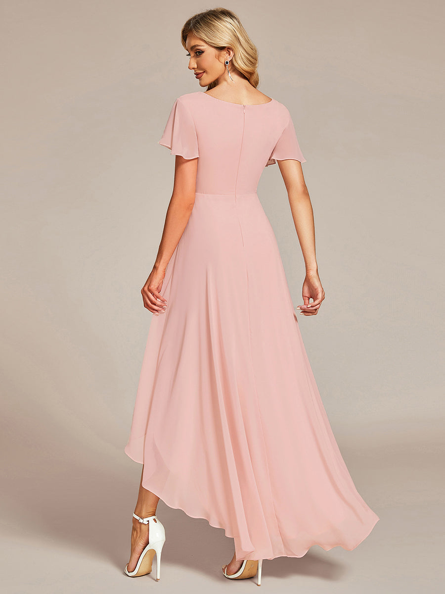 High Low Short Sleeve Chiffon Wholesale Evening Dresses#Color_Pink