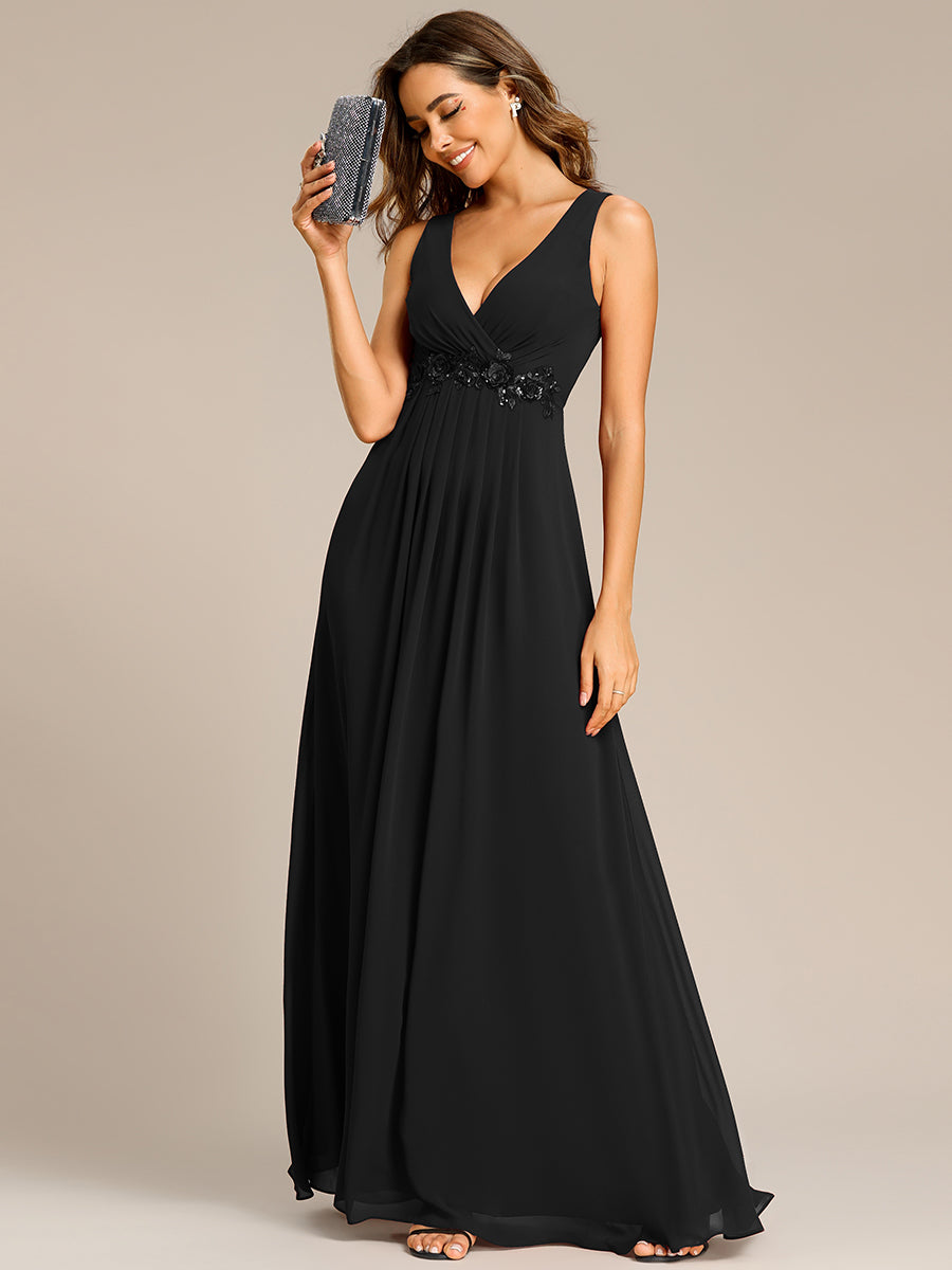 A-Line V Neck Appliques Ruched Wholesale Evening Dresses#Color_Black