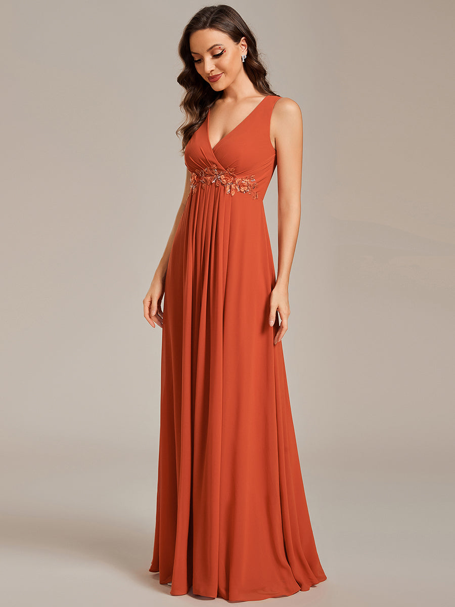 A-Line V Neck Appliques Ruched Wholesale Evening Dresses#Color_Burnt Orange