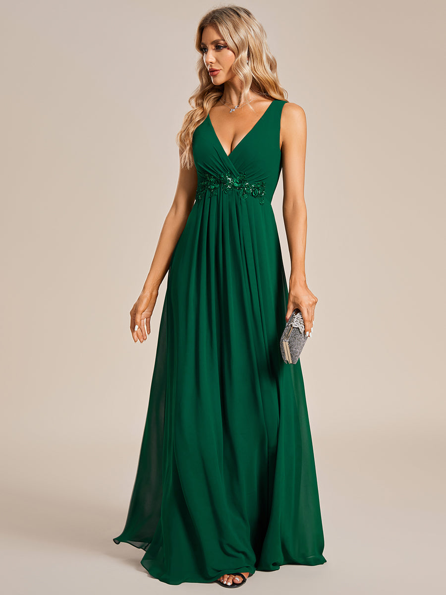 A-Line V Neck Appliques Ruched Wholesale Evening Dresses#Color_Dark Green