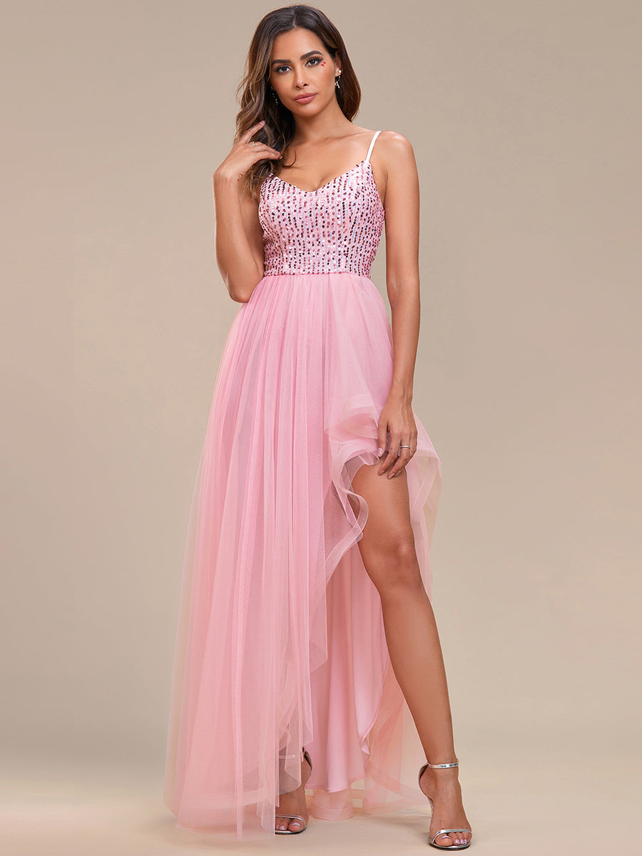 Color=Pink | Spaghetti Straps Asymmetric Wholesale Sequin Tulle Evening Dresses-Pink 1