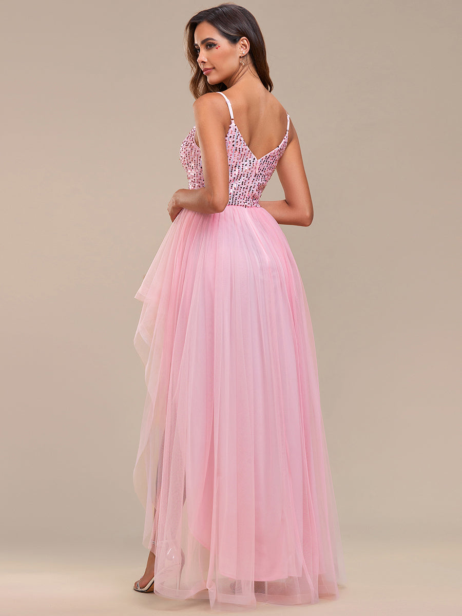 Color=Pink | Spaghetti Straps Asymmetric Wholesale Sequin Tulle Evening Dresses-Pink 2
