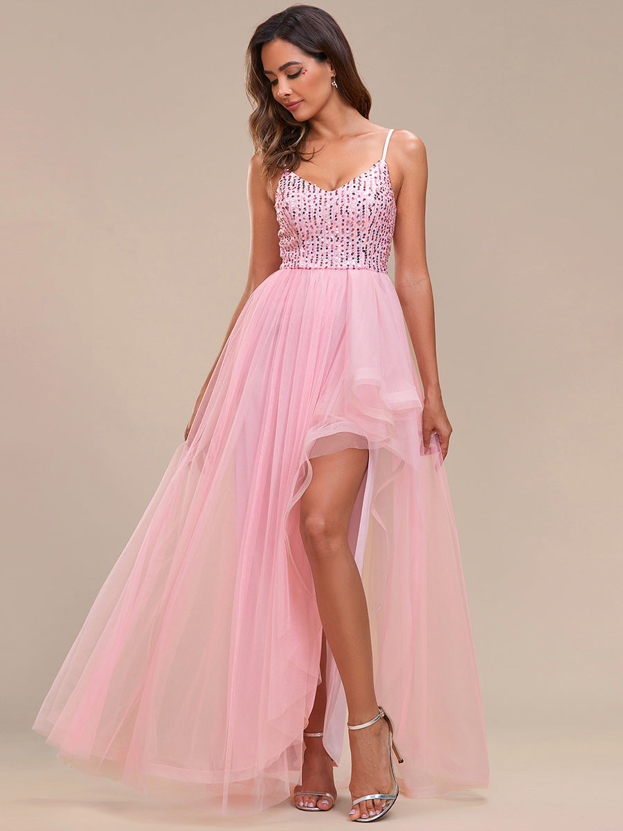 Color=Pink | Spaghetti Straps Asymmetric Wholesale Sequin Tulle Evening Dresses-Pink 3