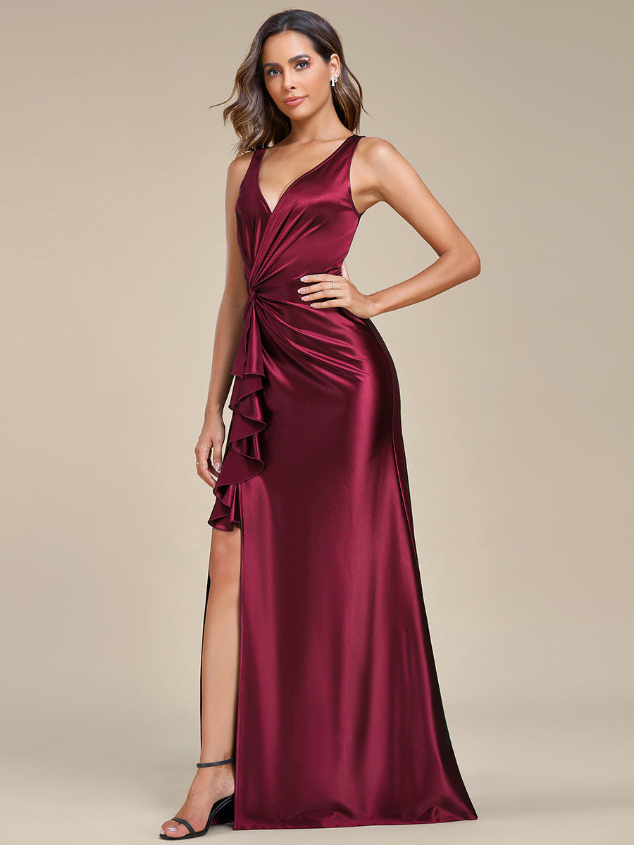 Elegant V Neck Split Ruffles Wholesale Stain Evening Dresses#Color_Burgundy