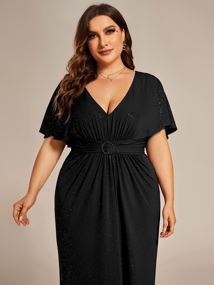 Color=Black | Sparkly Deep V Neck Pleated Wholesale Evening Dresses With Belt-Black 4