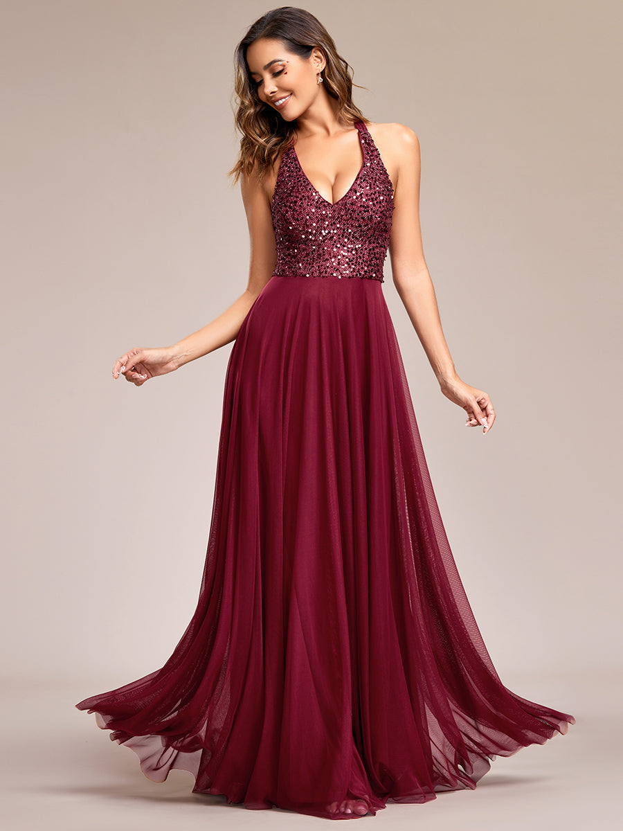 deep v-neck bead mesh sleeveless Evening Dresses#Color_Burgundy