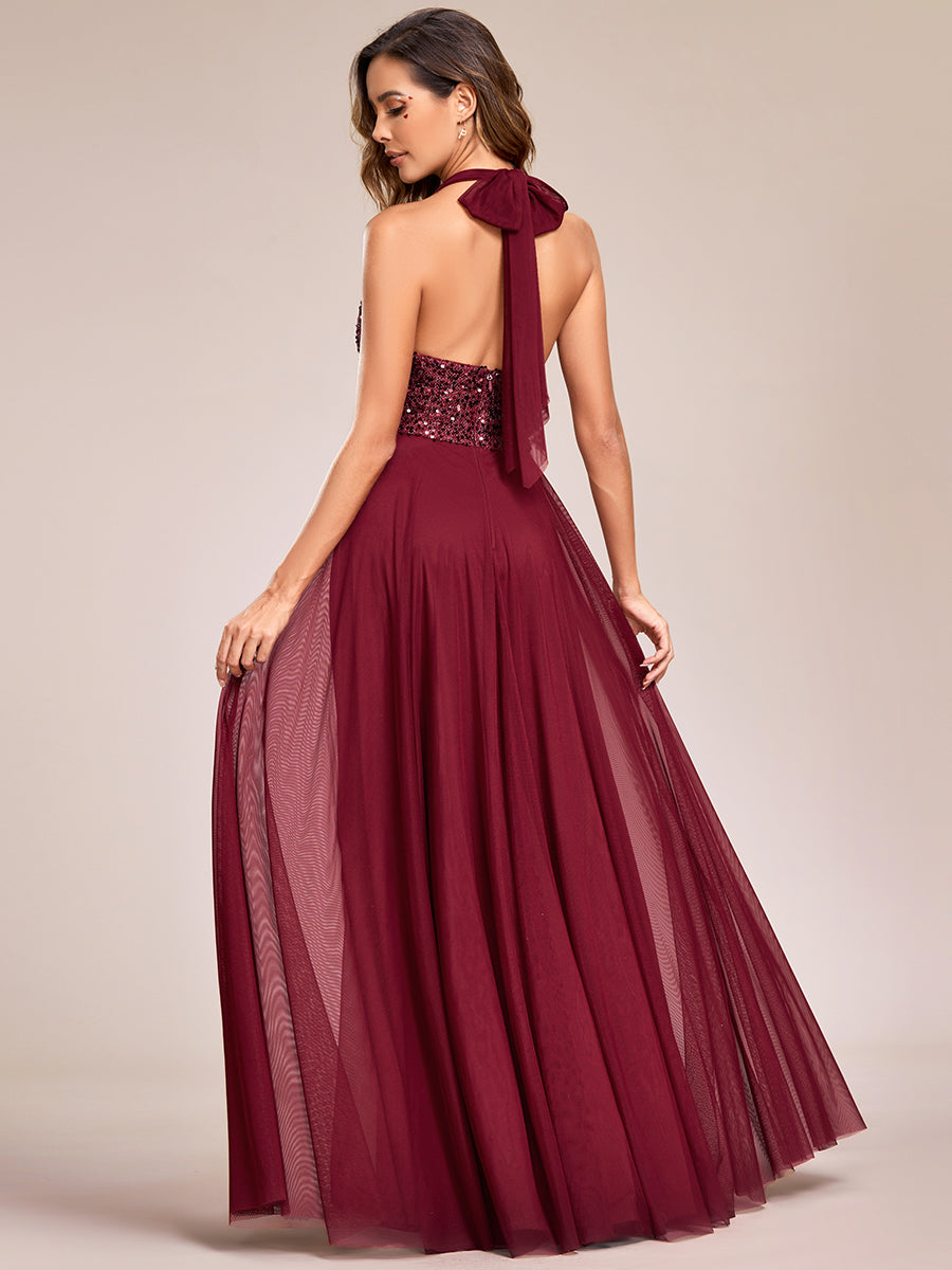 deep v-neck bead mesh sleeveless Evening Dresses#Color_Burgundy