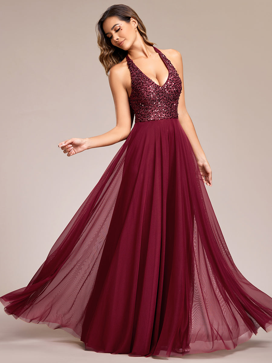 deep v-neck bead mesh sleeveless Evening Dresses#Color_Burgundy