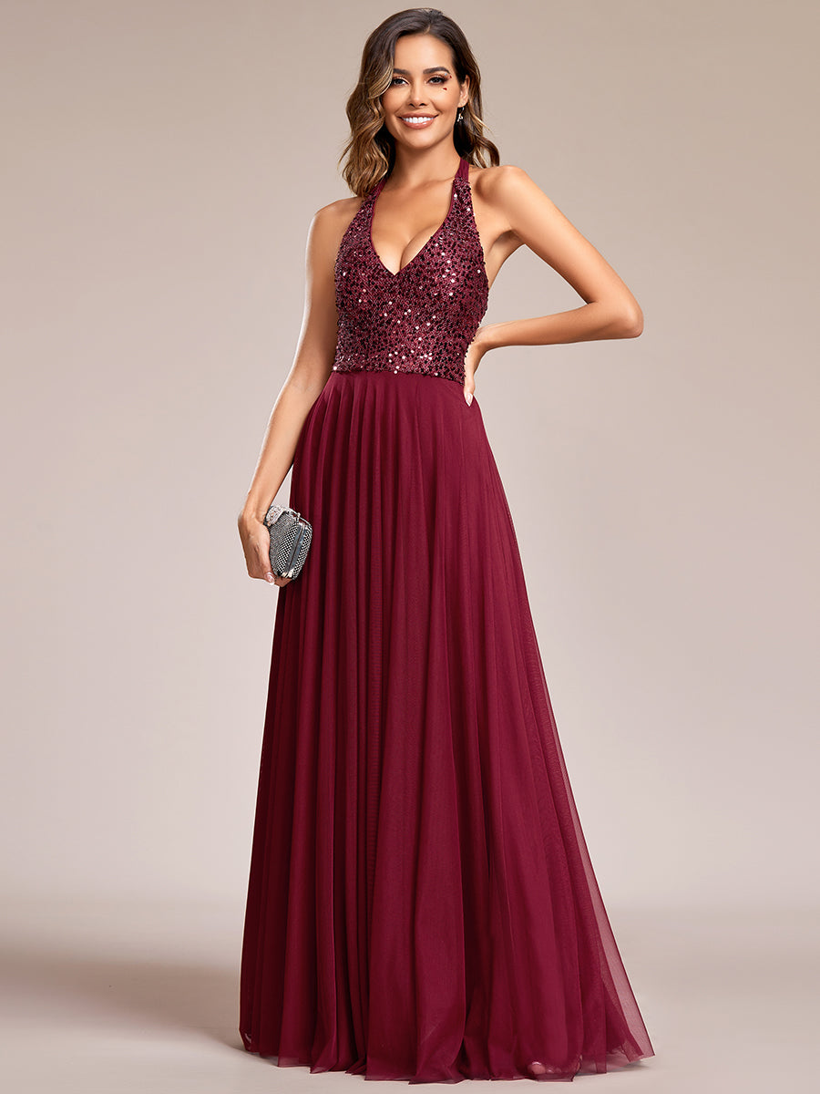 deep v-neck bead mesh sleeveless Evening Dresses#Color_Burgundy