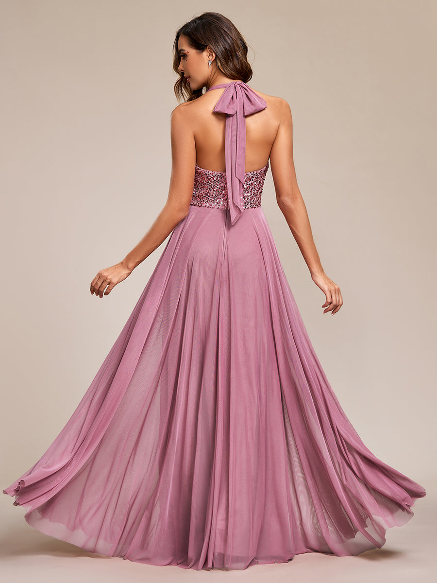 deep v-neck bead mesh sleeveless Evening Dresses#Color_Orchid