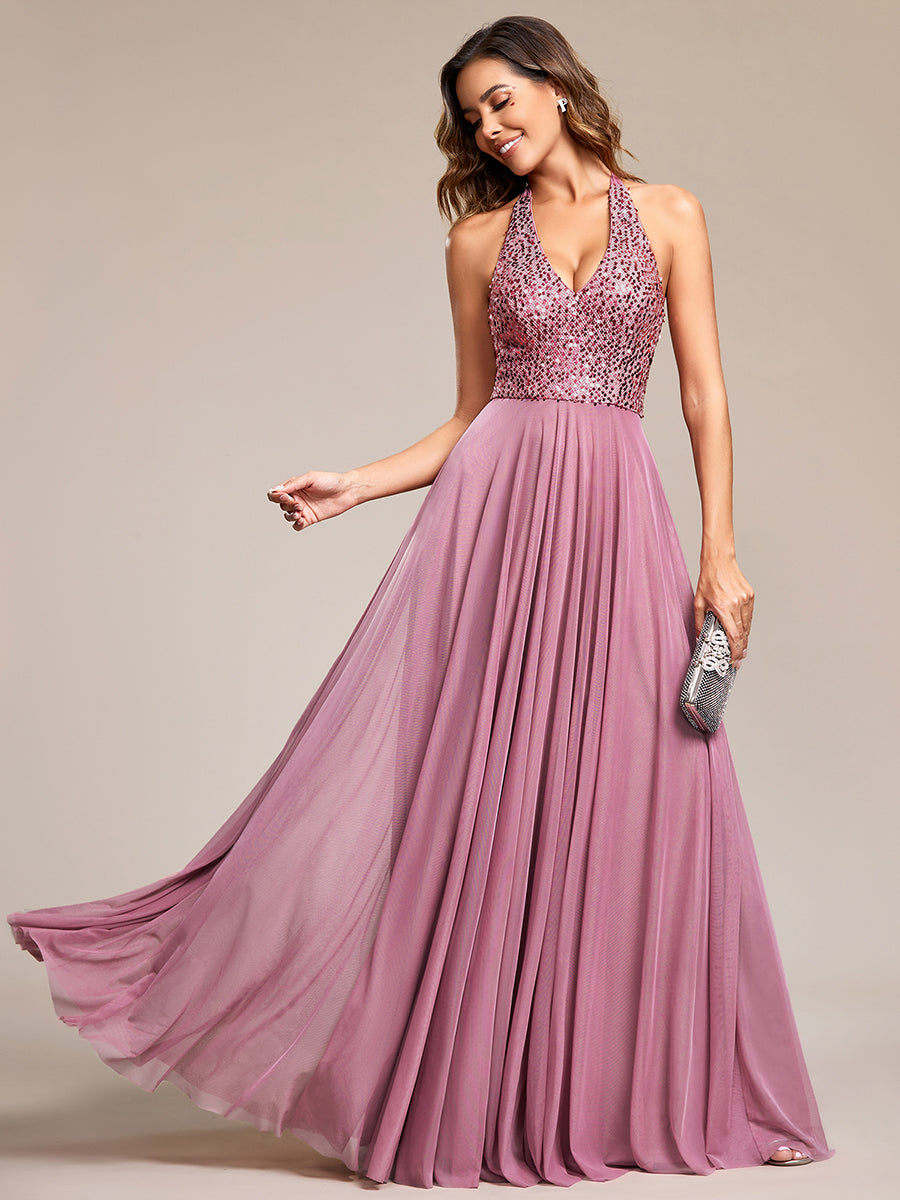 deep v-neck bead mesh sleeveless Evening Dresses#Color_Orchid
