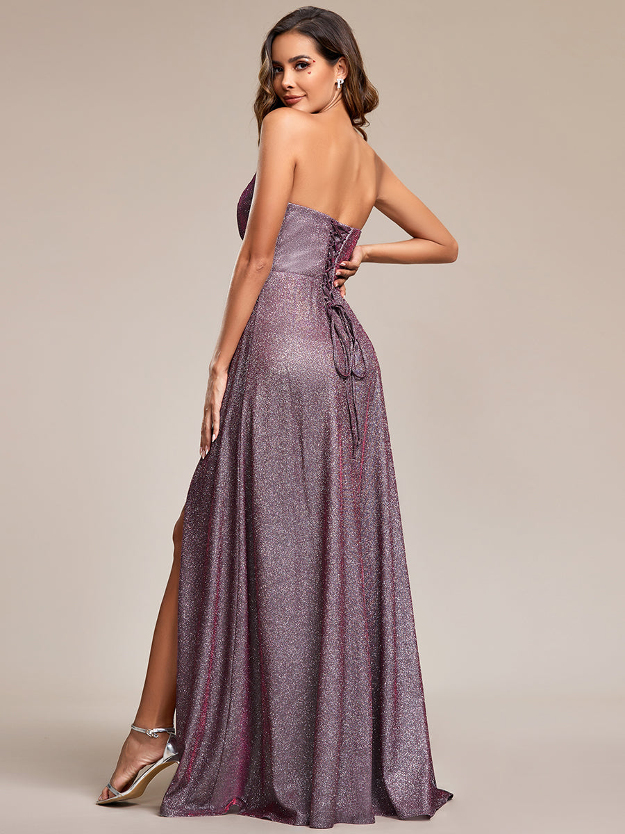 Hot Split Pleated Shiny Maxi Lacing design Wholesale Evening Dresses#Color_Metallic Rose