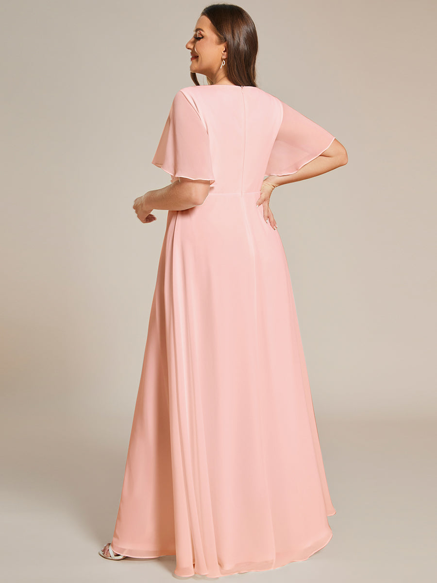V Neck Appliques Pleated Wholesale Bridesmaid Dresses#Color_Pink