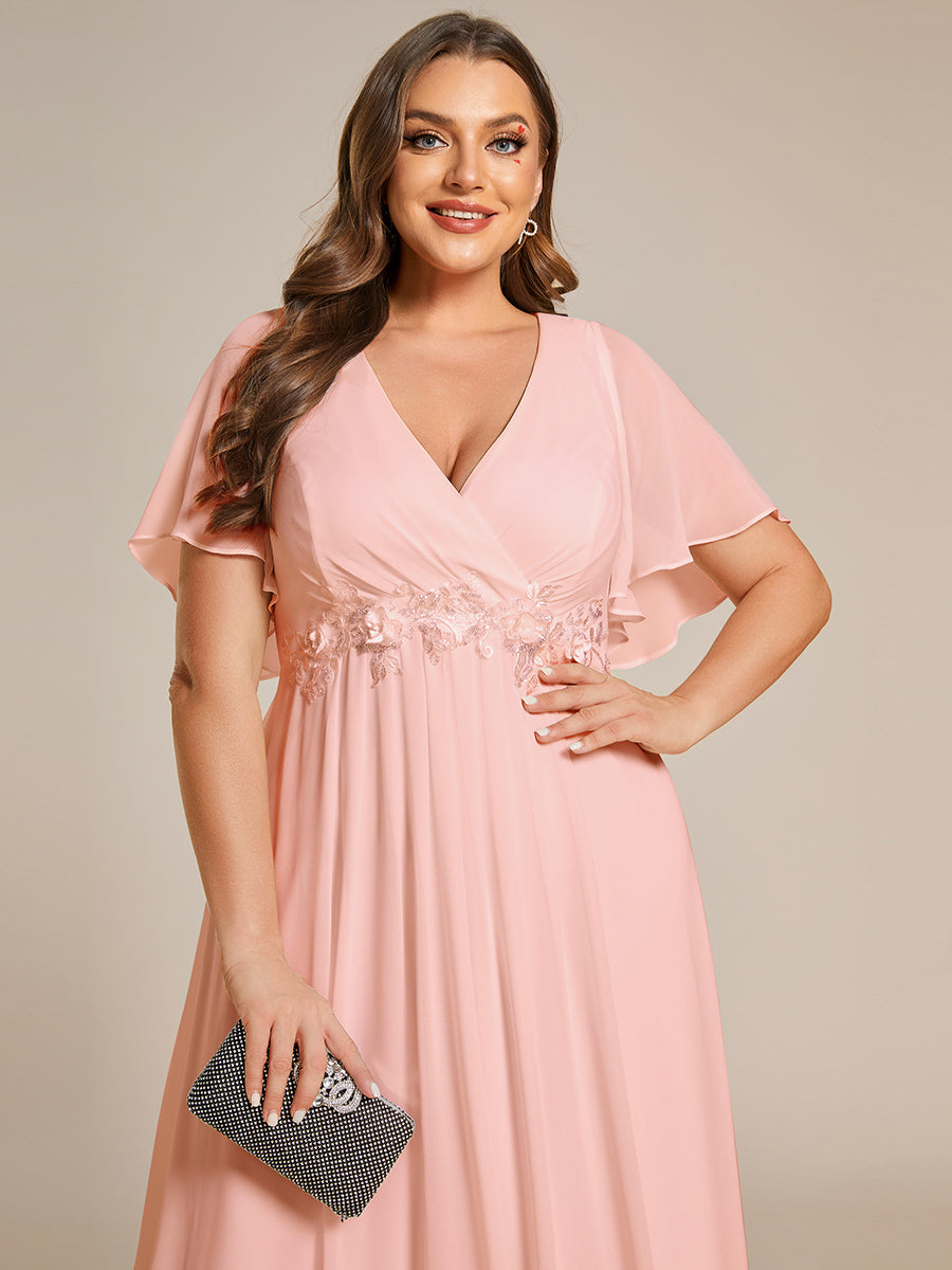 V Neck Appliques Pleated Wholesale Bridesmaid Dresses#Color_Pink