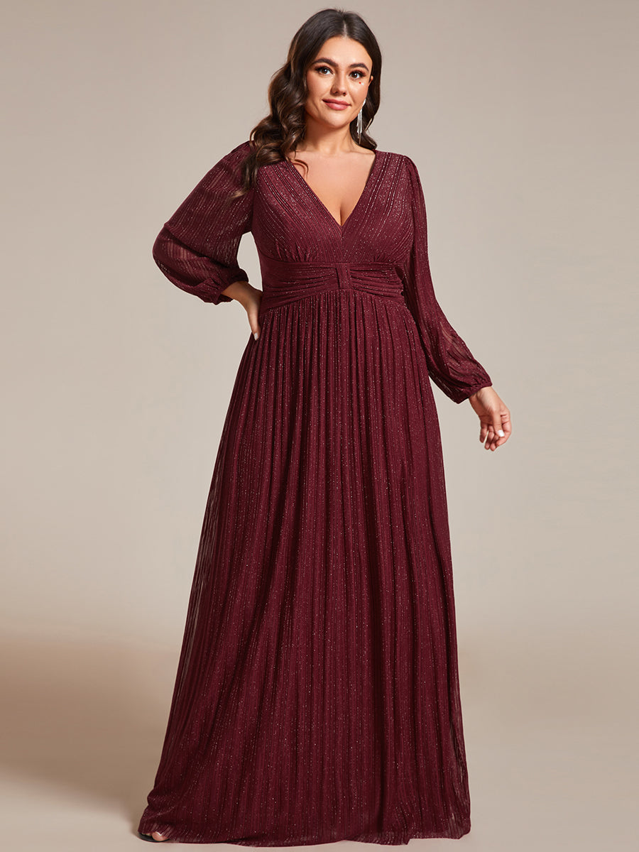 Color=Plus Size Purple Wisteria | Maxi Long Chiffon Waist  V Neck Wholesale Evening Dress with Long Sleeves-Burgundy 4