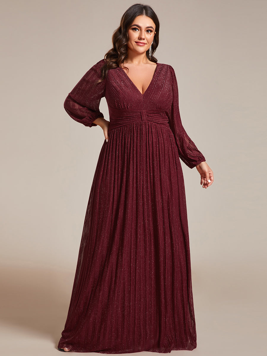 Color=Plus Size Purple Wisteria | Maxi Long Chiffon Waist V Neck Wholesale Evening Dress with Long Sleeves-Burgundy 4
