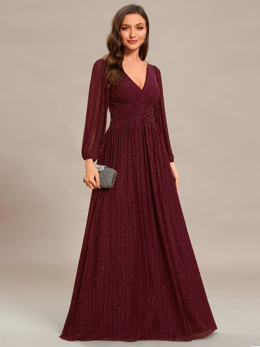 Color=Burgundy | Maxi Long Chiffon Waist V Neck Wholesale Evening Dress with Long Sleeves-Burgundy 1